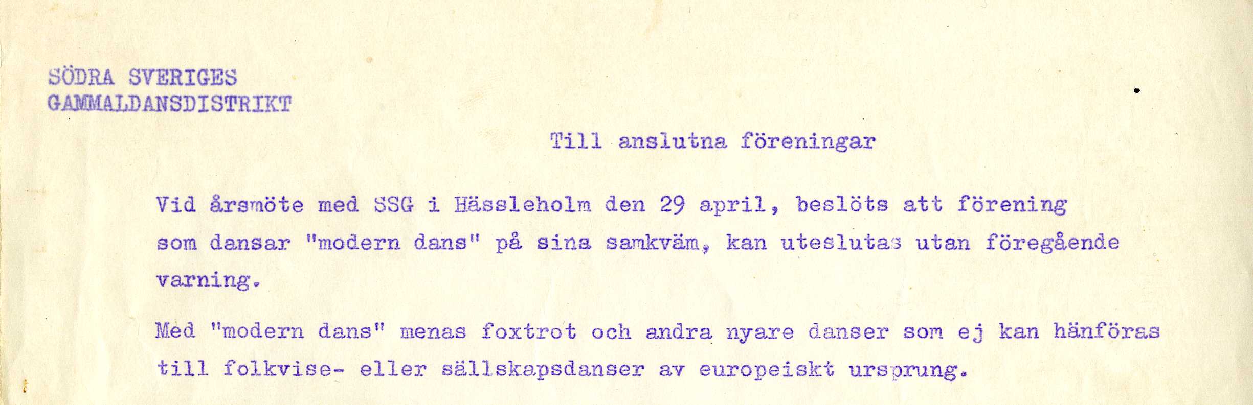 Utdrag ur SSG:s skrivelse utsänd till gammaldansföreningarna ca 1961.