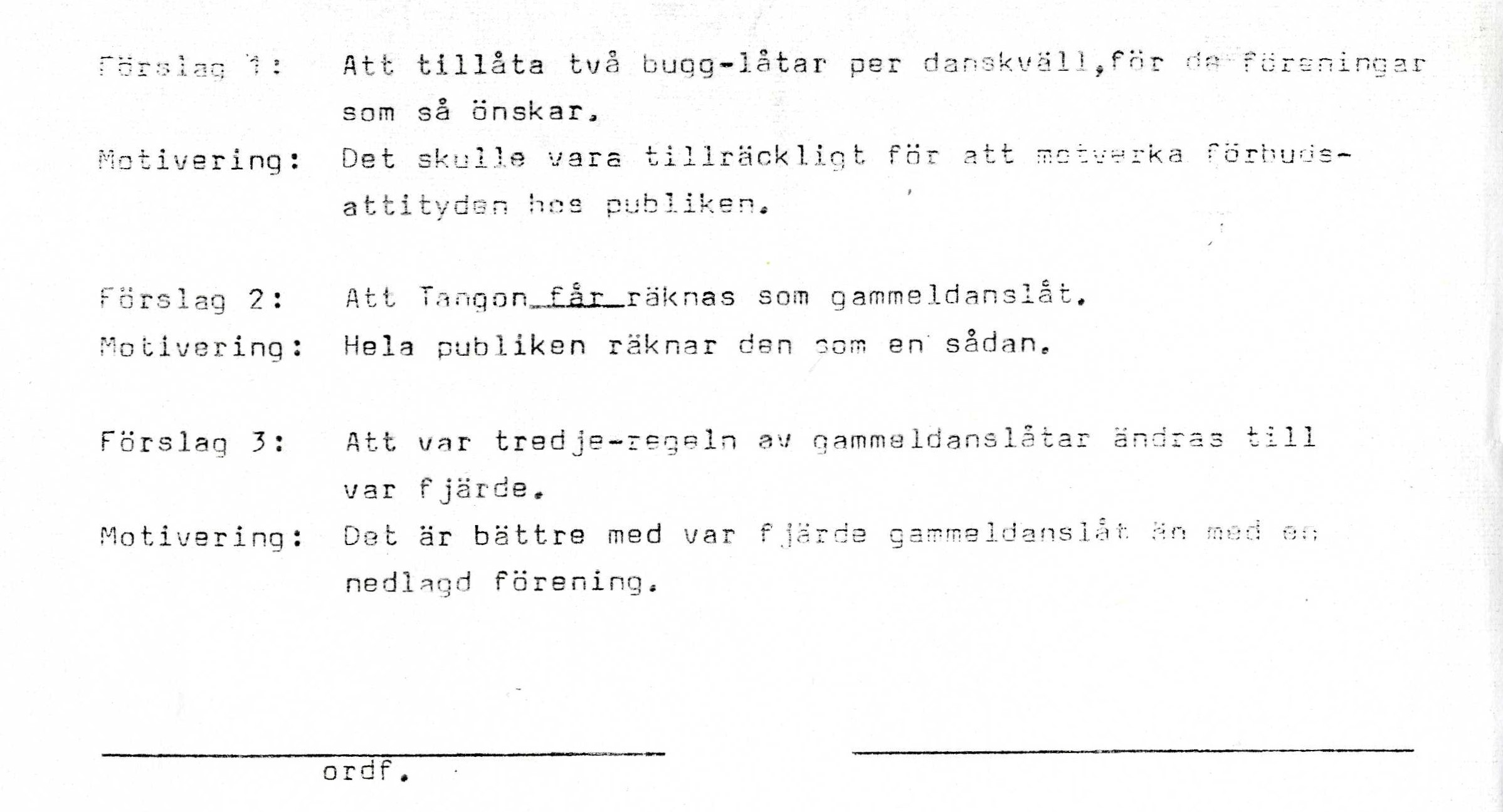 Borrby Gammaldansförenings skrivelse med förslag på förändringar av regelverket, ca 1977. 