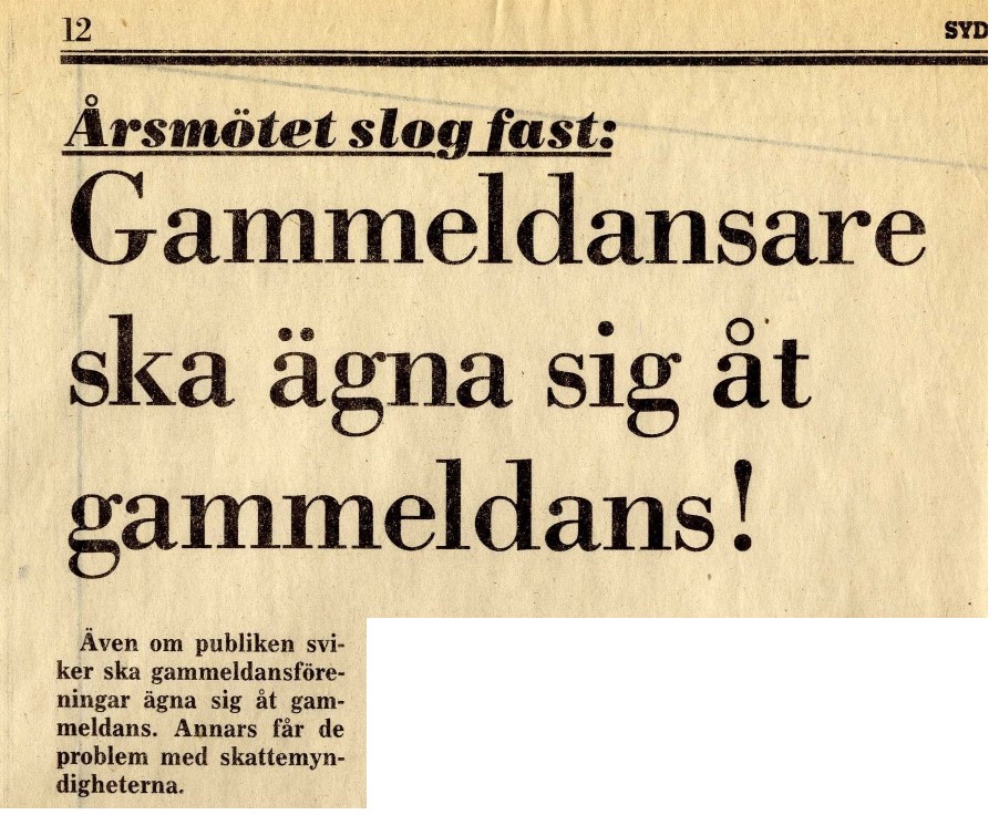Rubrik från tidningsartikel Gammeldansare ska ägna sig åt gammeldans! Sydsvenska Dagbladet Snällposten, 23 mars 1987. 