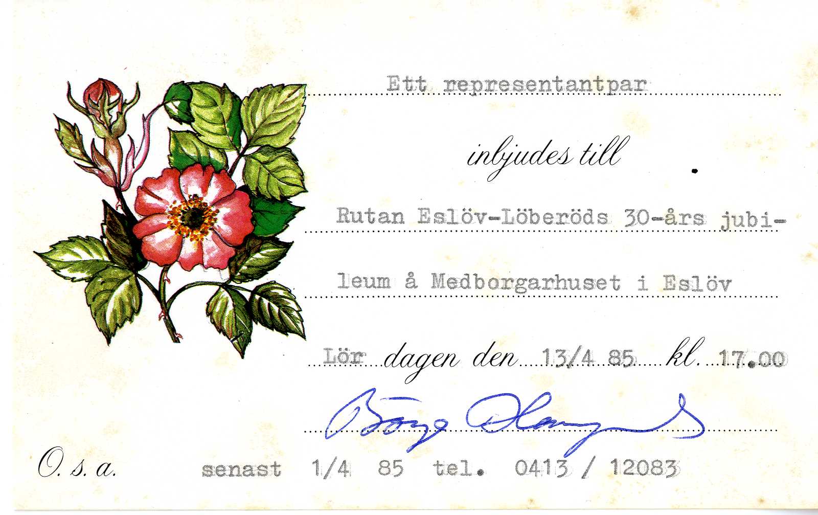 Inbjudningskort från Gammaldansföreningen Rutan Eslöv-Löberöd, för ett representantpar att närvara vid deras 30-årsjubileum 1985. 
