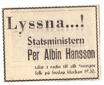Tidningsannons: Lyssna på Statsministern Per Albin Hansson