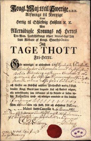 Respass utfärdat av Tage Thott, landshövding för Malmöhus län, den 6 november 1787 (Källa: Landsarkivet i Lund).