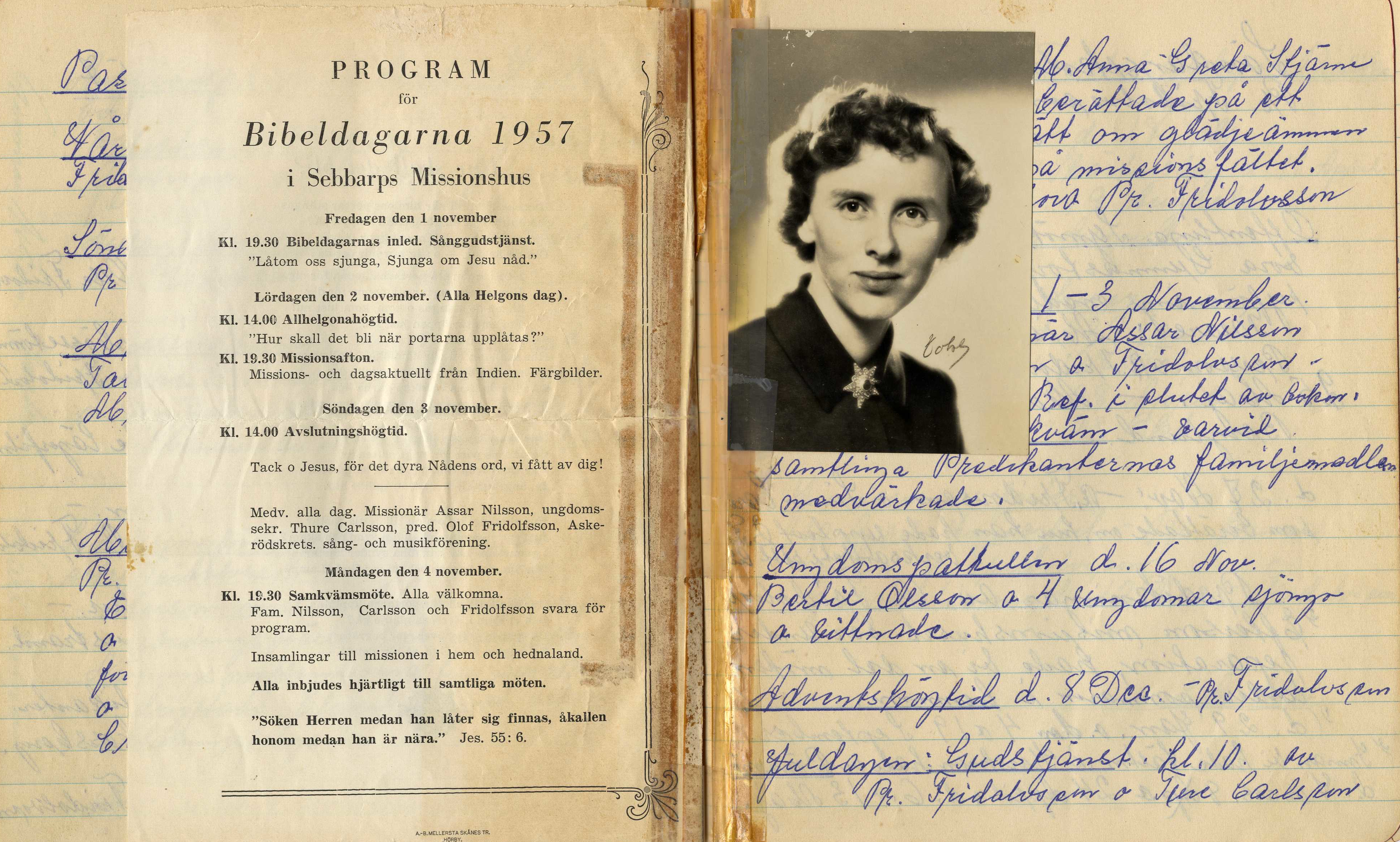 Uppslag i protokollsbok 1957. Ur EFS Missionsförening i Sebbarps arkiv.