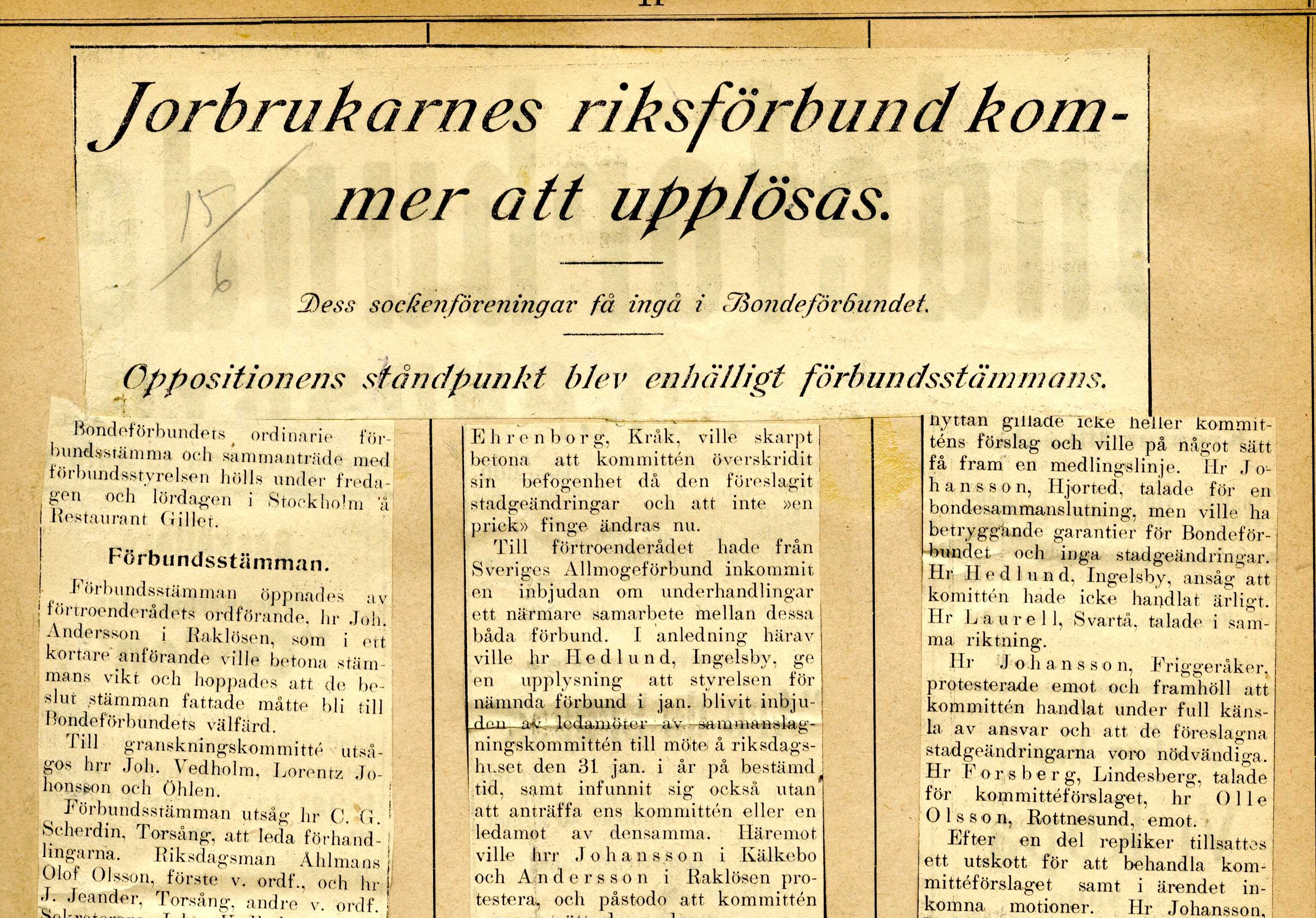 Tidningsklipp från 1921. Centerparitet i Skånes arkiv.
