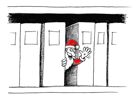 Tecknad tomte i arkivhylla