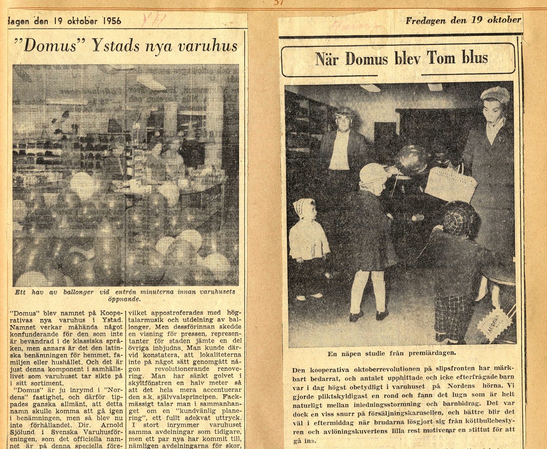 Ystads Allehanda och Aurora rapporterar från Domuspremiären 1956.