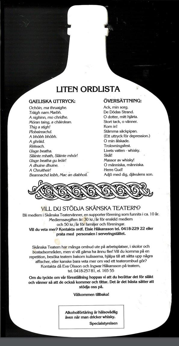 Baksidan av programmet till föreställningen En massa Whisky. Ur: Skånska Teaterns arkiv.
