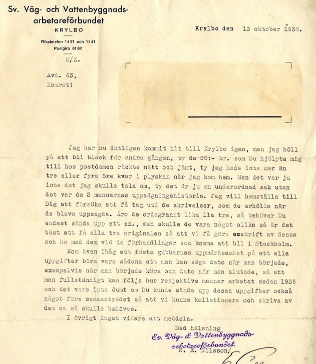 Brev från fackansluten arbetstagare, 1938. Brev från fackansluten arbetstagare, 1938.