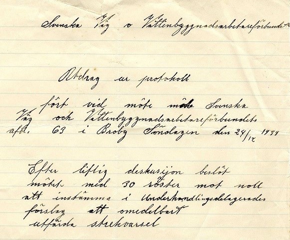 Minnesanteckningar från ett informellt möte om strejkvarsel, 1936. Minnesanteckningar från ett informellt möte om strejkvarsel, 1936.