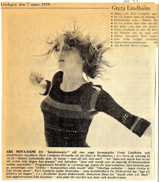 Dansaren Greta Lindholm. Pressklipp ur Arbetet, 1970-03-07. Dansaren Greta Lindholm. Pressklipp ur Arbetet, 1970-03-07.