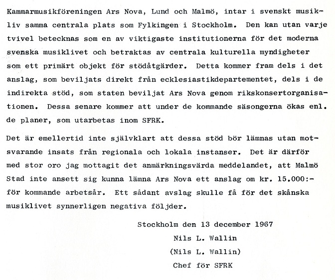 Brevet från Nils L. Wallin till Malmö stad, 1967. Brevet från Nils L. Wallin till Malmö stad, 1967.