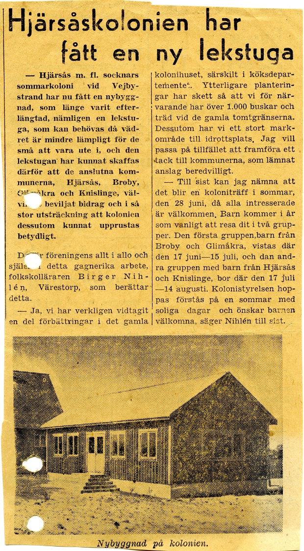 Pressklipp, utan uppgifter. Ur: Hjärsås m fl socknars sommarkoloniförenings arkiv. Pressklipp, utan uppgifter. Ur: Hjärsås m fl socknars sommarkoloniförenings arkiv.