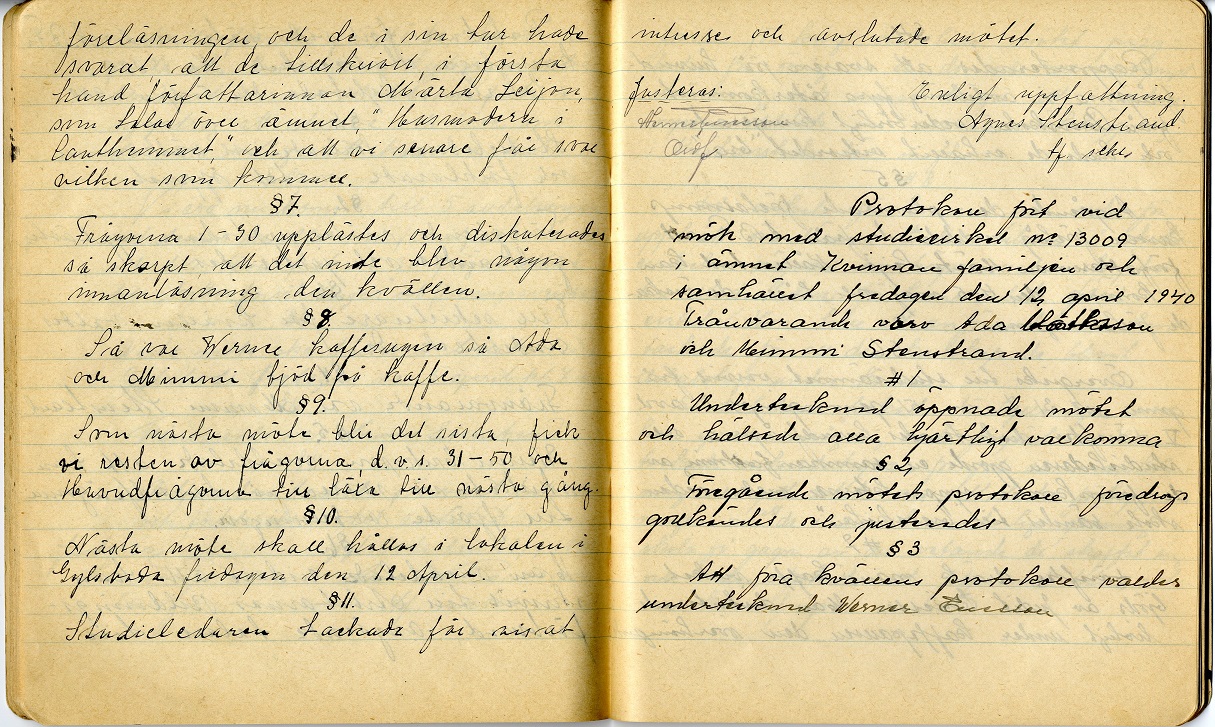 Uppslag ur protokollsbok från en studiecirkel hos Gyllsboda ABF 1939-1940.