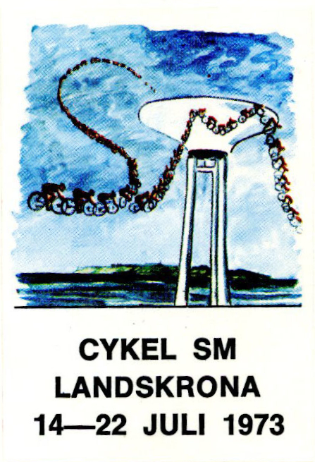 Cykel-SM i Landskrona 1973. SM-affisch och brevmärke skapades av konstnär Rolf Nordengren, Landskrona.