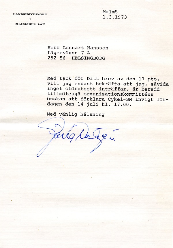 Brev från landshövding Gösta Netzén rörande invigningstal, 1 mars 1973.