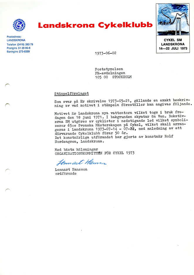 Organisationskommitténs brev till Poststyrelsen rörande specialstämpel, 2 juni 1973.