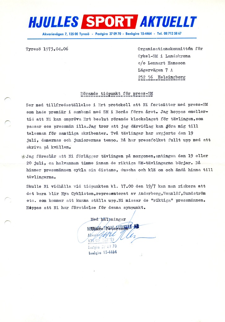 Brev till organisationskommittén för cykel-SM i Landskrona, 6 april 1973
