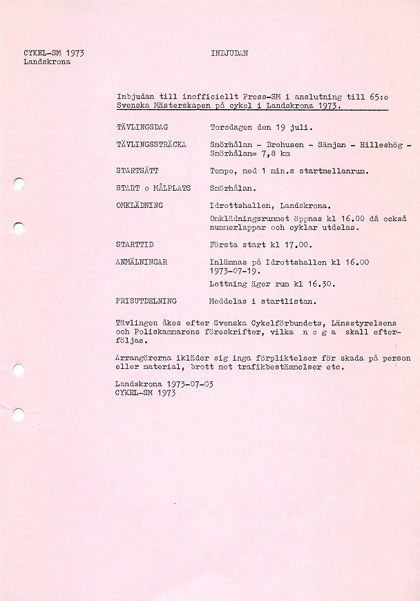Inbjudan till inofficiellt press-SM i anslutning till 65:e Svenska Mästerskapen på cykel i Landskrona 1973