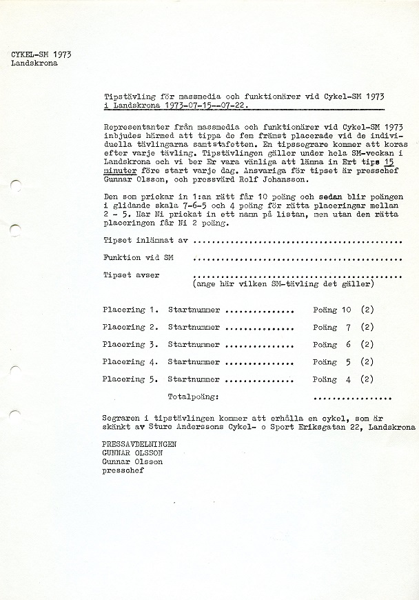 Inbjudan till tipstävling för massmedia och funktionärer vid cykel-SM 1973 i Landskrona.