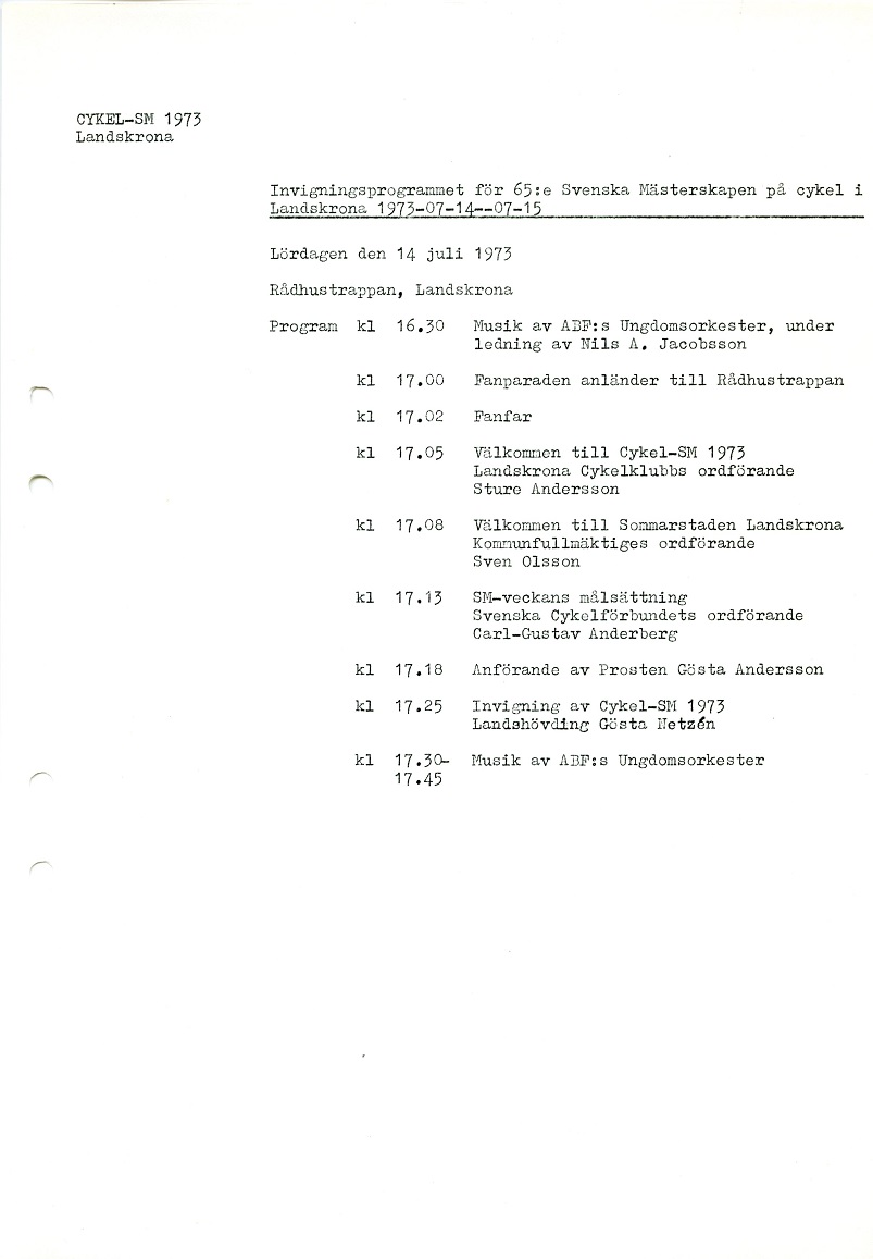Invigningsprogram för cykel-SM i Landskrona 1973