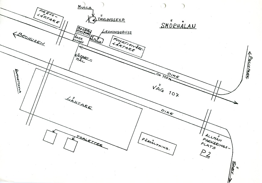 Landskrona Cykelklubbs ritning över området för start och mål i Smörhålan.
