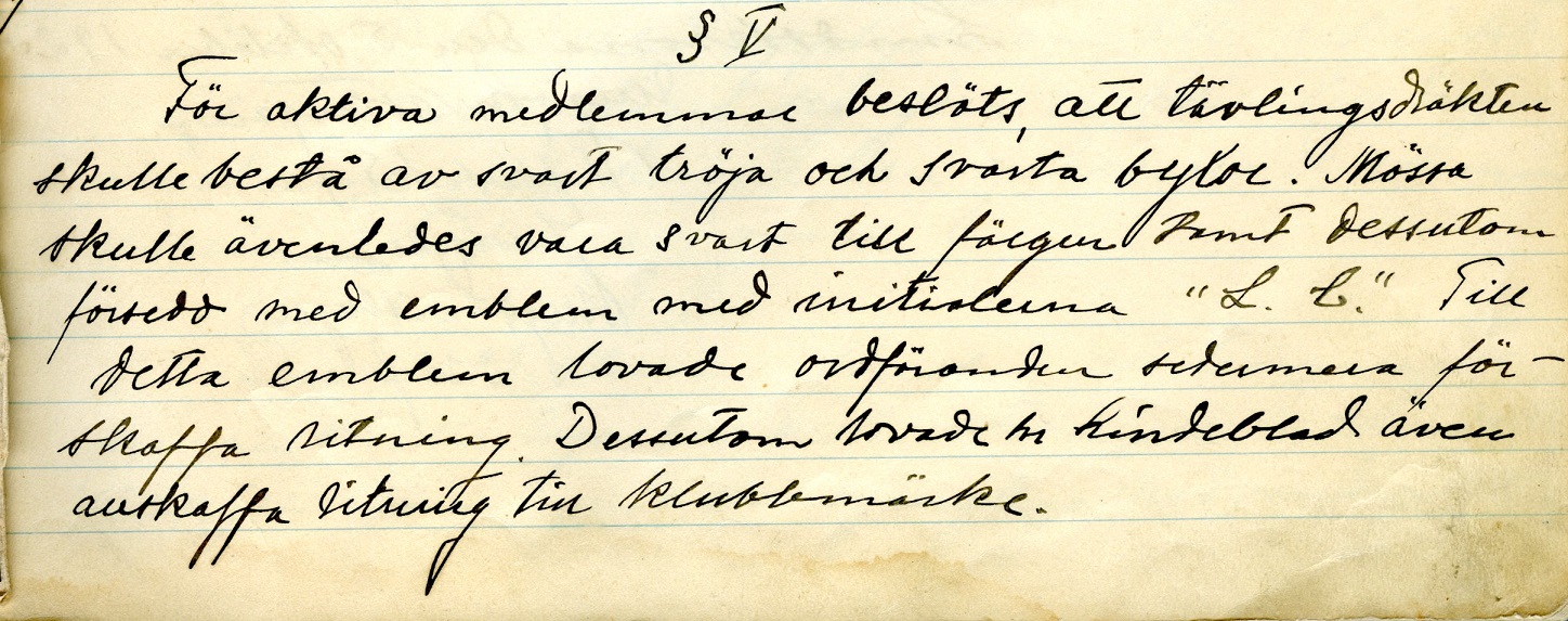 Utdrag ur protokollet för konstituerande möte den 27 september 1923 där tävlingsdräktens utseende bestämdes.