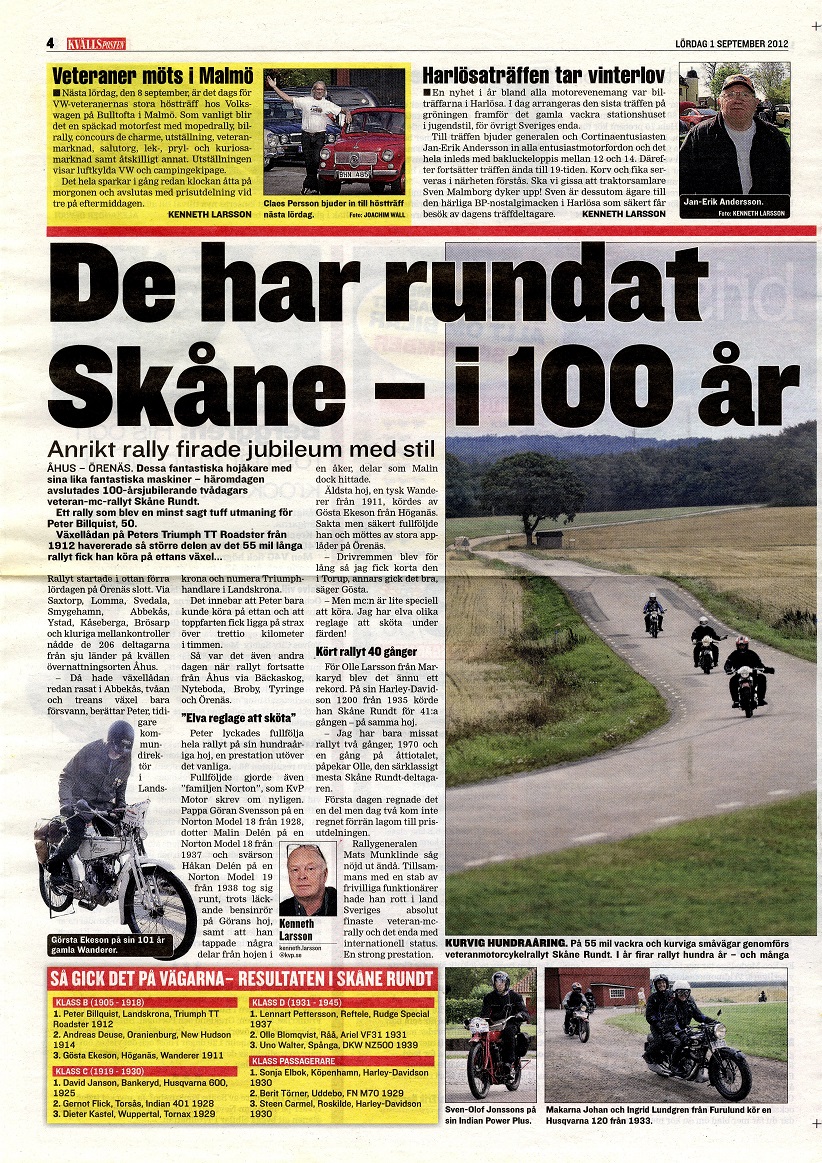 Artikel om Skåne Rundts 100-årsjubileum 2012. Pressklipp ur Kvällsposten, 1 september 2012.