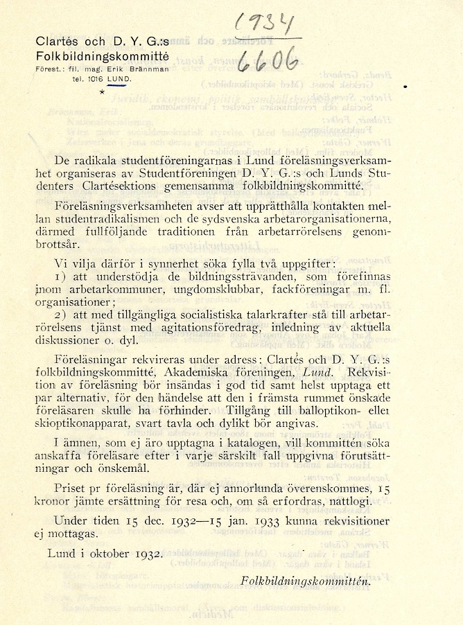 Framsida på föreläsningskatalog för Lunds Clarté 1932 Framsida på föreläsningskatalog för Lunds Clarté 1932