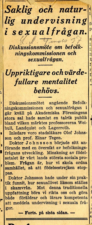 del av pressklipp Saklig och naturlig undervisning i sexualfrågan 1937 del av pressklipp Saklig och naturlig undervisning i sexualfrågan 1937