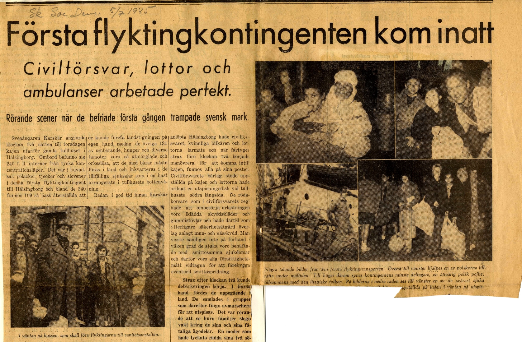 Pressklipp från Skånska Socialdemokraten, 1945-07-05. Ingår i Helsingborgs Röda Korskårs arkiv. Pressklipp från Skånska Socialdemokraten, 1945-07-05. Ingår i Helsingborgs Röda Korskårs arkiv.