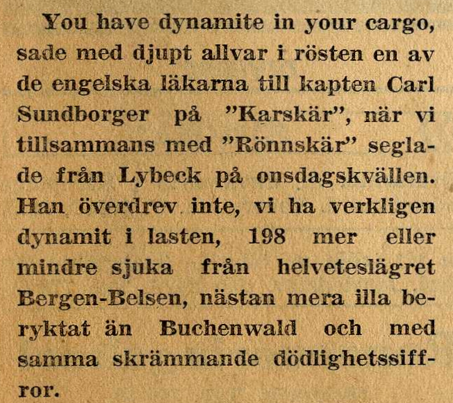 Pressklipp från Sydsvenska Dagbladet, 1945-06-29. Ingår i Helsingborgs Röda Korskårs arkiv Pressklipp från Sydsvenska Dagbladet, 1945-06-29. Ingår i Helsingborgs Röda Korskårs arkiv