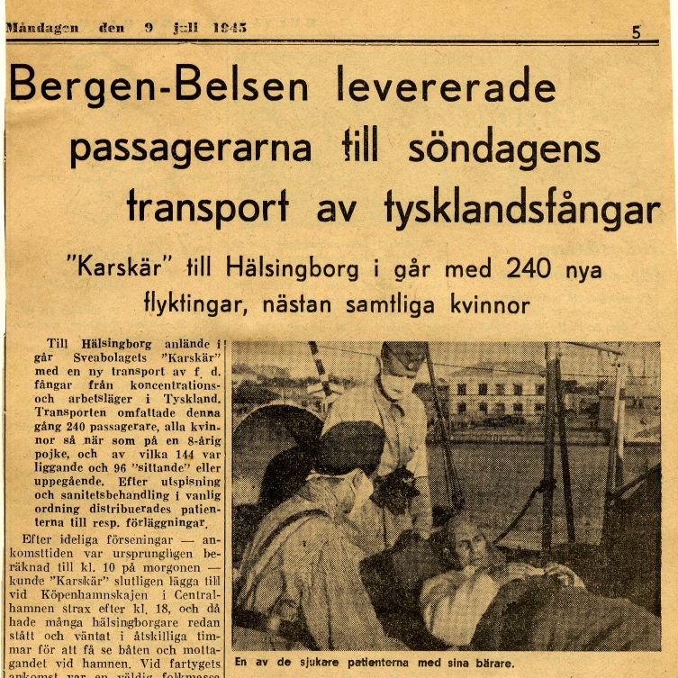Pressklipp från Helsingborgs Dagblad, 1945-07-09. Ingår i Helsingborgs Röda Korskårs arkiv. Pressklipp från Helsingborgs Dagblad, 1945-07-09. Ingår i Helsingborgs Röda Korskårs arkiv.