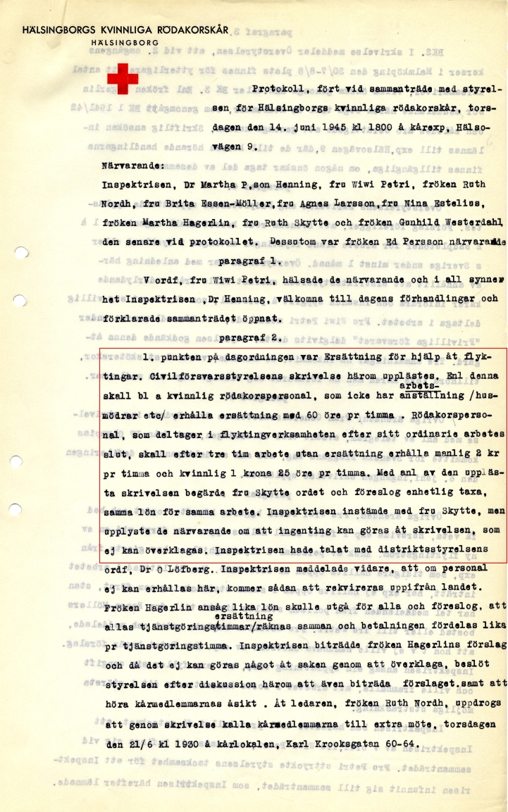 Protokoll över styrelsemöte, 1945-06-14. Ingår i Helsingborgs Kvinnliga Röda Korskårs arkiv. Protokoll över styrelsemöte, 1945-06-14. Ingår i Helsingborgs Kvinnliga Röda Korskårs arkiv.