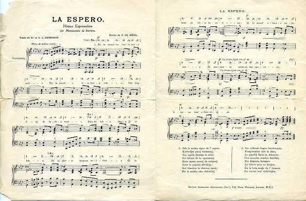 La Espero: Himno Esperantista Poezio de Doktoro L. L: Zamenhof Muziko de F. de Ménil 1915. Ur: Klippans Esperantoklubbs arkiv. 