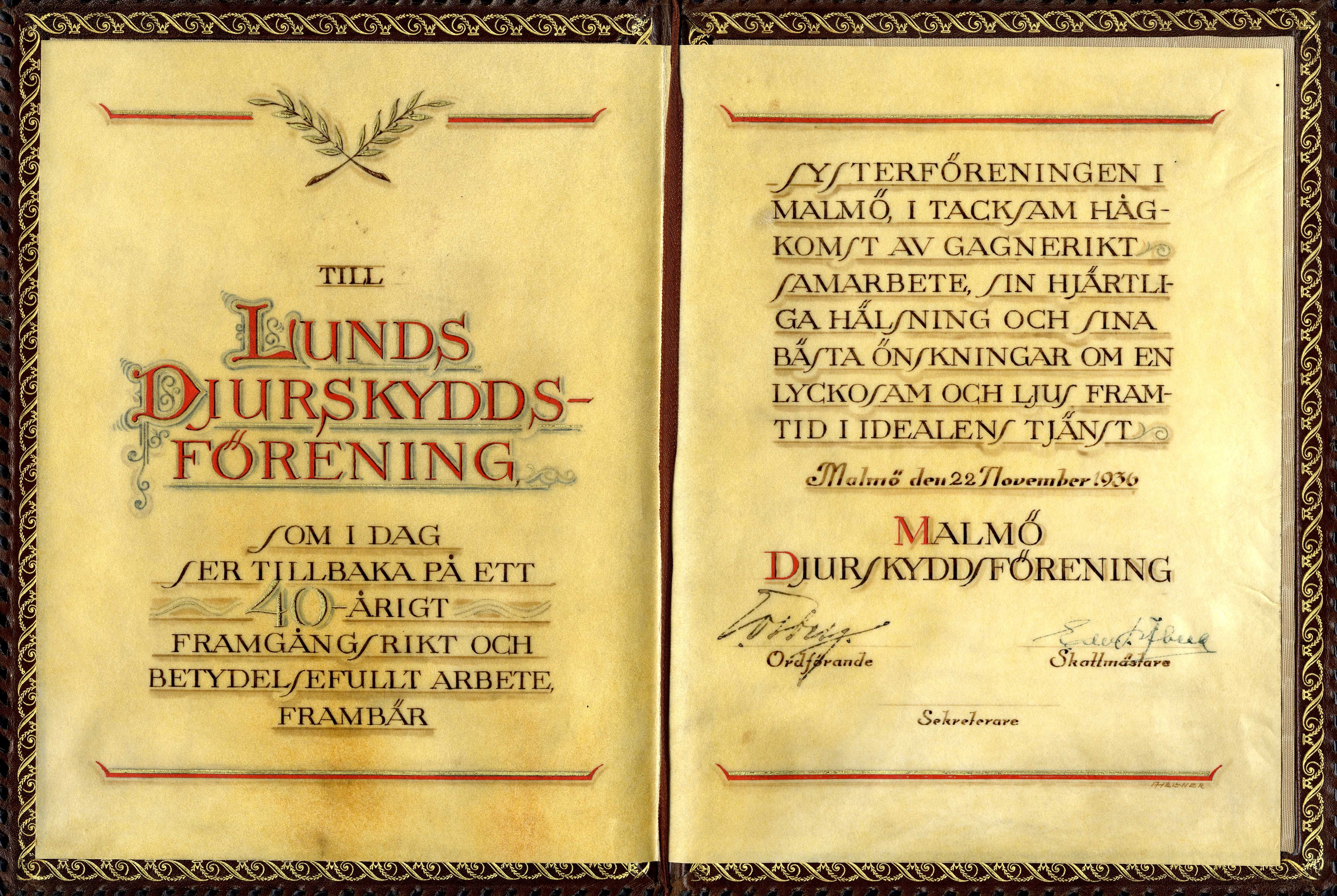 Gratulationshandling från Malmö Djurskyddsförening i samband med Lunds Djurskyddsförenings 40-årsjubileum 1936. Lunds Djurskyddsförenings arkiv.