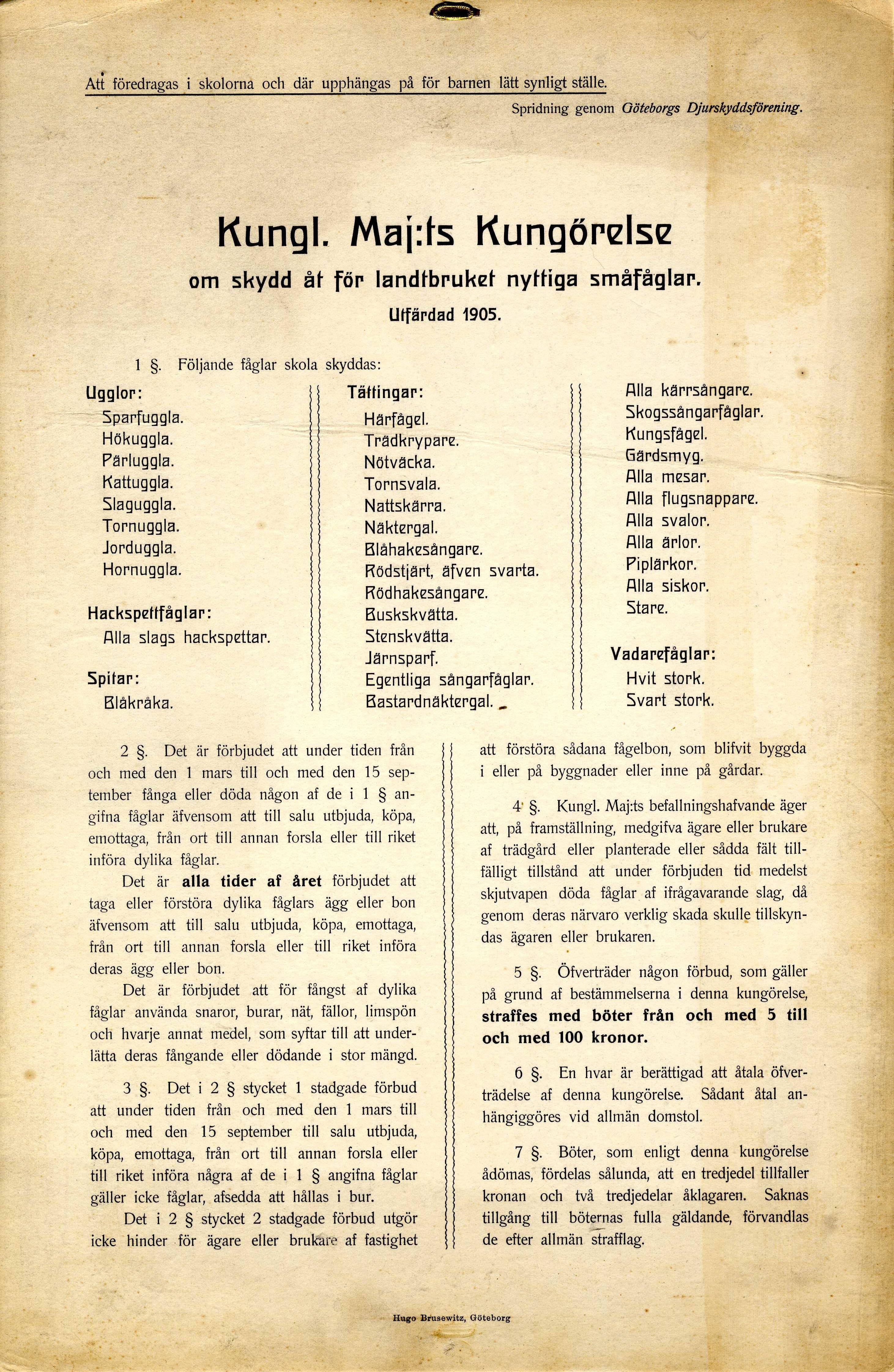 Kungl.Maj:ts Kungörelse om skydd åt för lantbruket nyttiga småfåglar, utfärdad 1905. Spridd genom Göteborgs Djurskyddsförening. Lunds Djurskyddsförenings arkiv. 