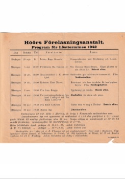 Höörs föreläsningsanstalt - Program för höstterminen 1942 - Källa