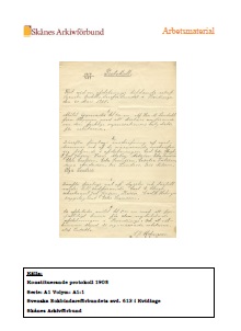 Studiematerial - Svenska bokbindareförbundet avd. 613 i Kvidinges konstituerande protokoll 1908 Studiematerial - Svenska bokbindareförbundet avd. 613 i Kvidinges konstituerande protokoll 1908