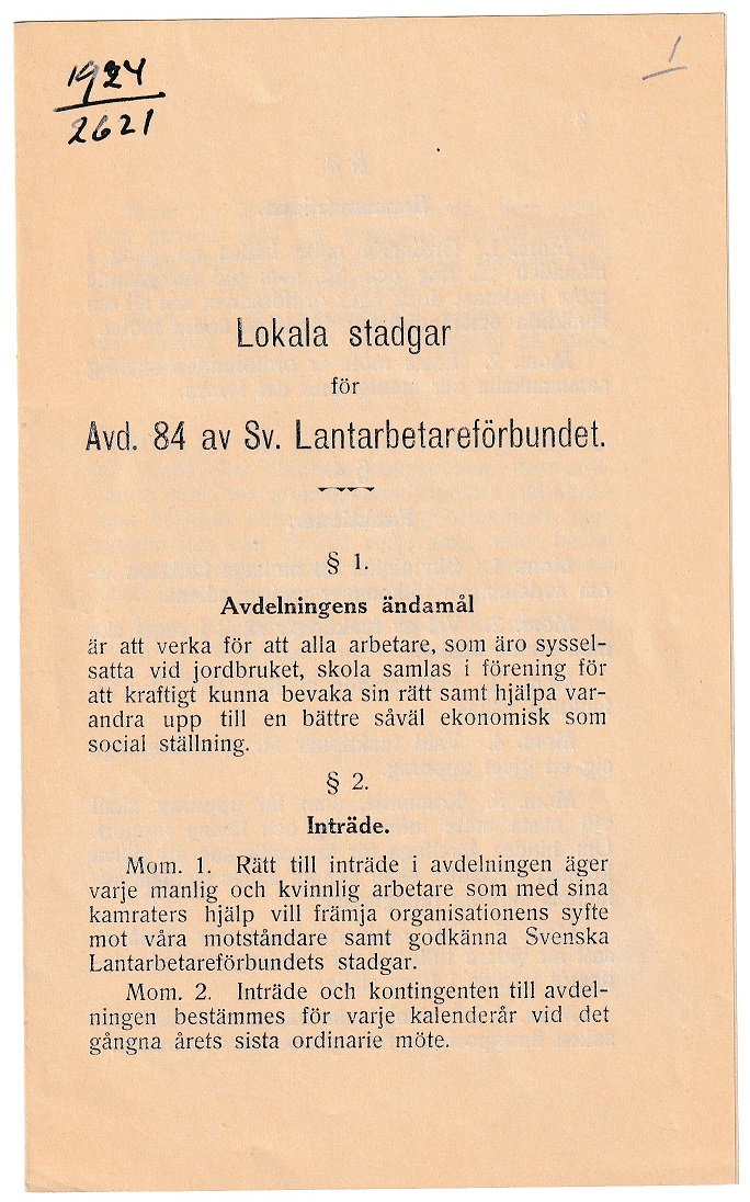 Svenska Lantarbetarförbundets avd. 84 Wanstaorten Stadgar 1921 - Primärkälla